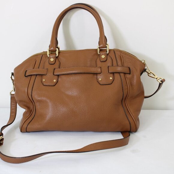 Michael Kors Hudson Large Satchel Camel Brown Dark Tan Leather Bag Gold Accents - Picture 4 of 14